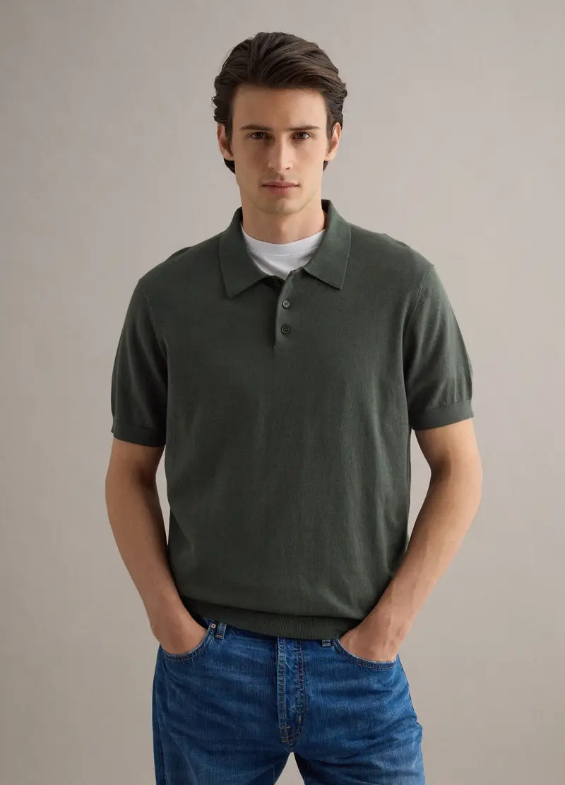 Polo In Misto Cotone, Lino E Seta Verde Regular Fit, Uomo, Verde miniatura 3