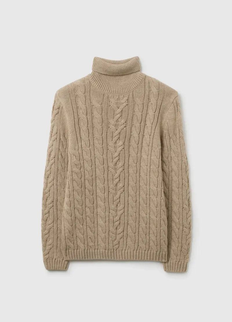 Pullover A Collo Alto Beige Regular Fit Con Design A Trecce, Uomo, Beige miniatura 2
