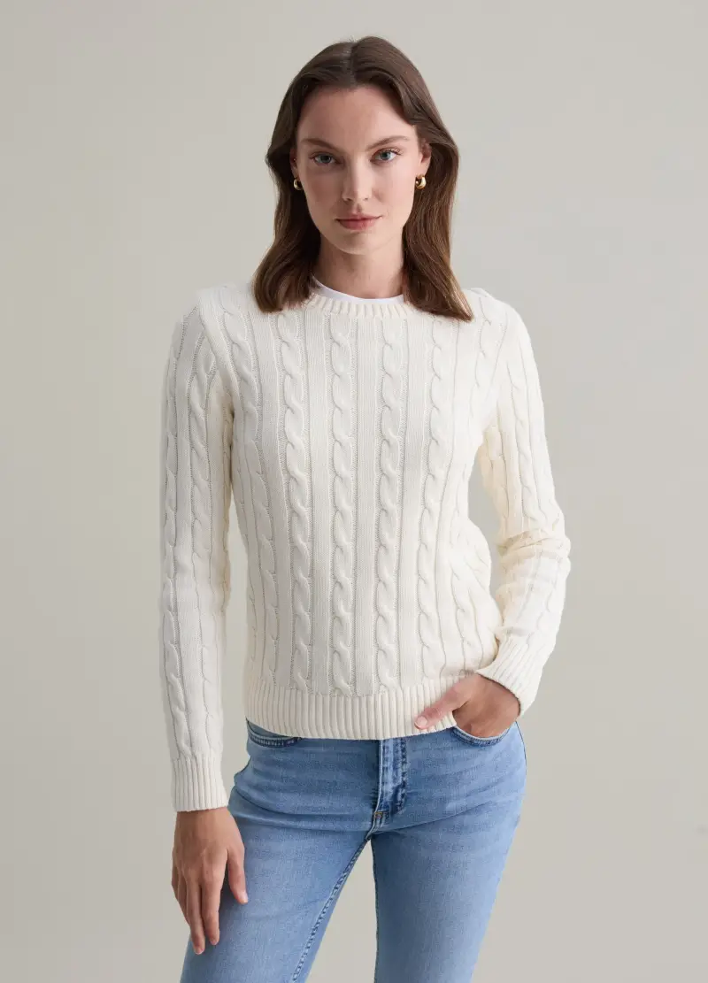 Pullover A Coste Con Lavorazione A Trecce, Donna, Bianco miniatura 2