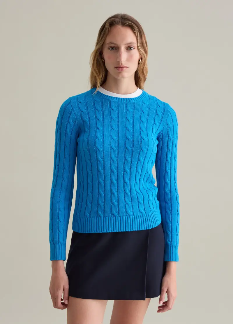 Pullover A Coste Con Lavorazione A Trecce, Donna, Blu miniatura 3