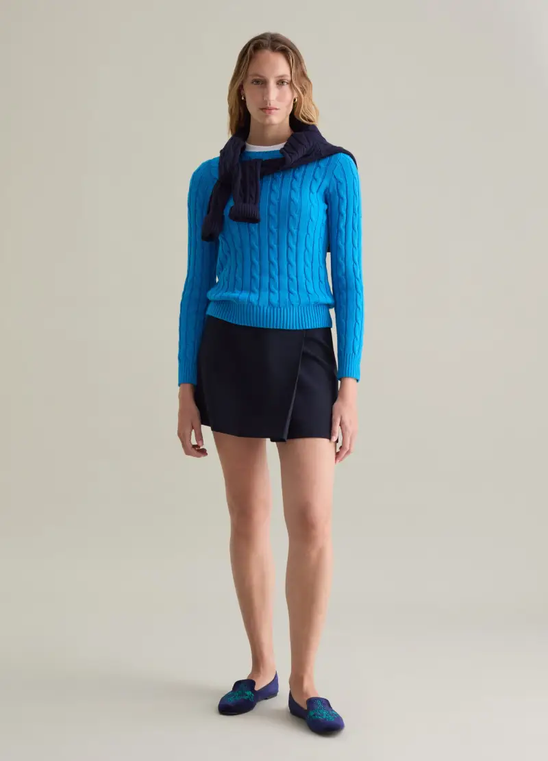 Pullover A Coste Con Lavorazione A Trecce, Donna, Blu