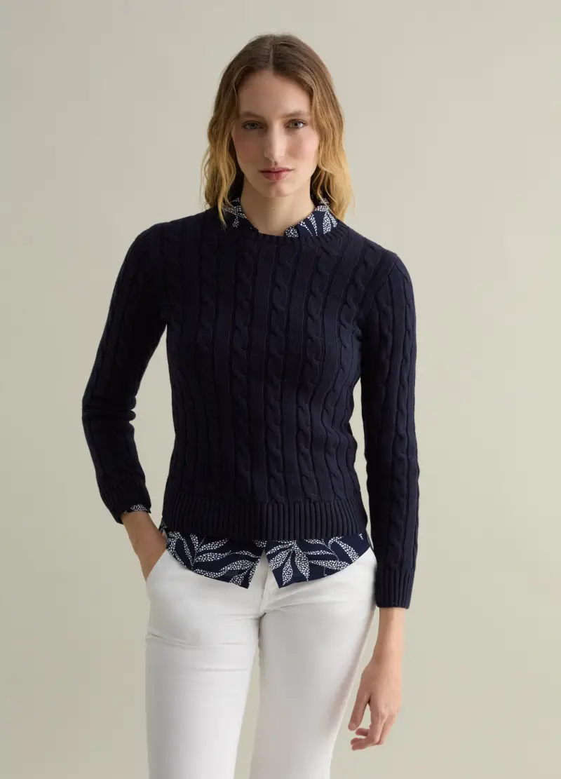 Pullover A Coste Con Lavorazione A Trecce, Donna, Blu miniatura 2