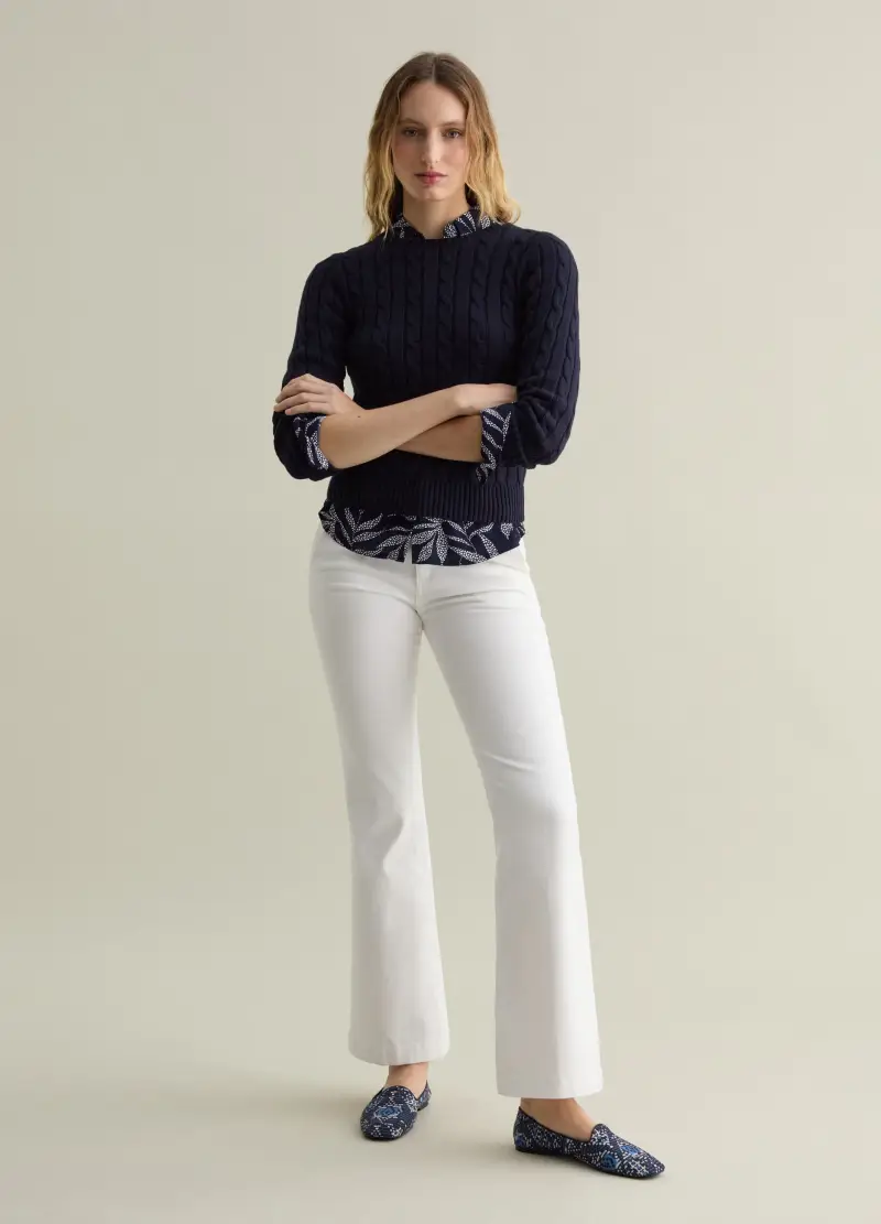 Pullover A Coste Con Lavorazione A Trecce, Donna, Blu