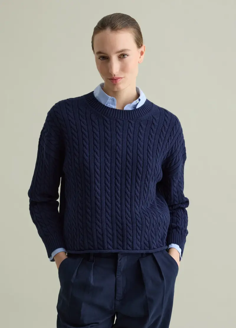 Pullover A Coste Con Lavorazione A Trecce, Donna, Blu