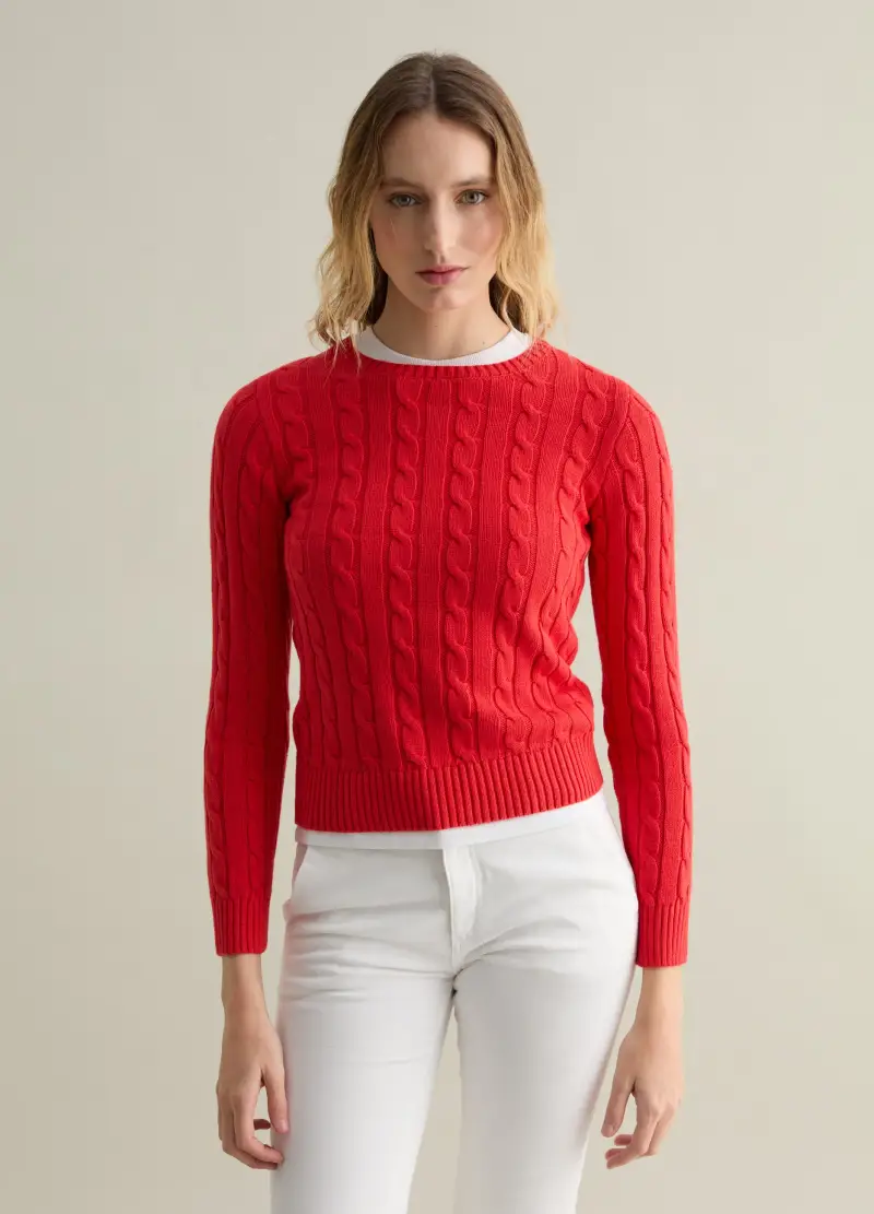 Pullover A Coste Con Lavorazione A Trecce, Donna, Rosso miniatura 2