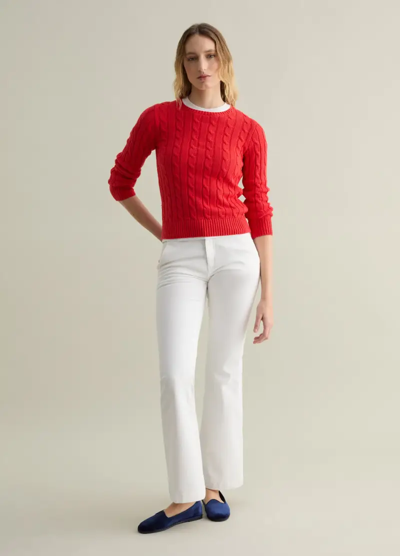 Pullover A Coste Con Lavorazione A Trecce, Donna, Rosso