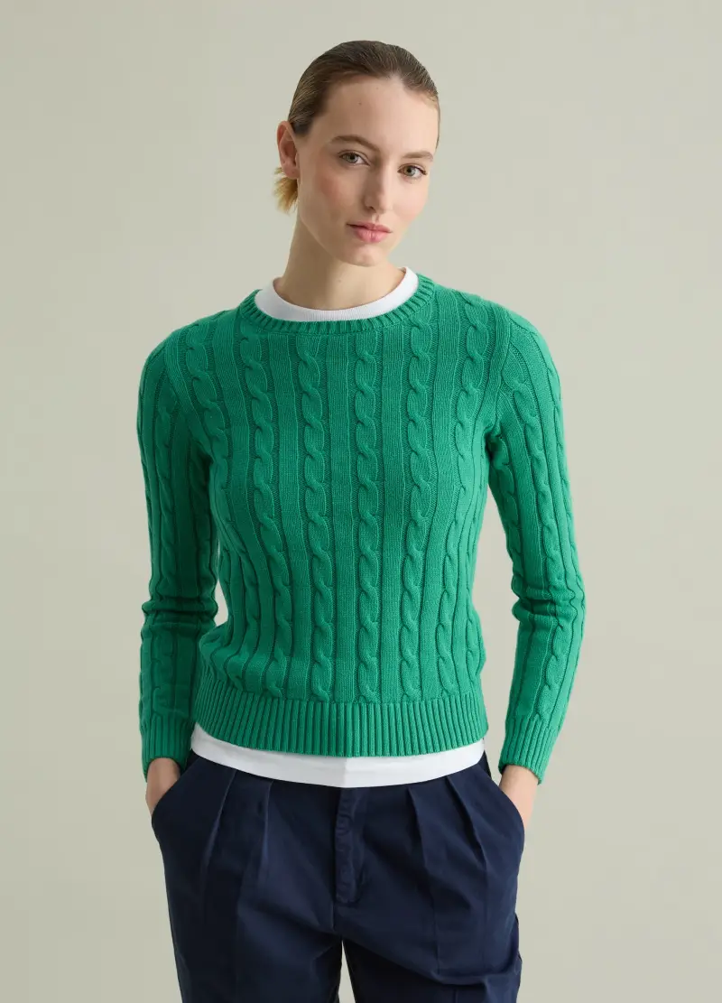 Pullover A Coste Con Lavorazione A Trecce, Donna, Verde miniatura 2