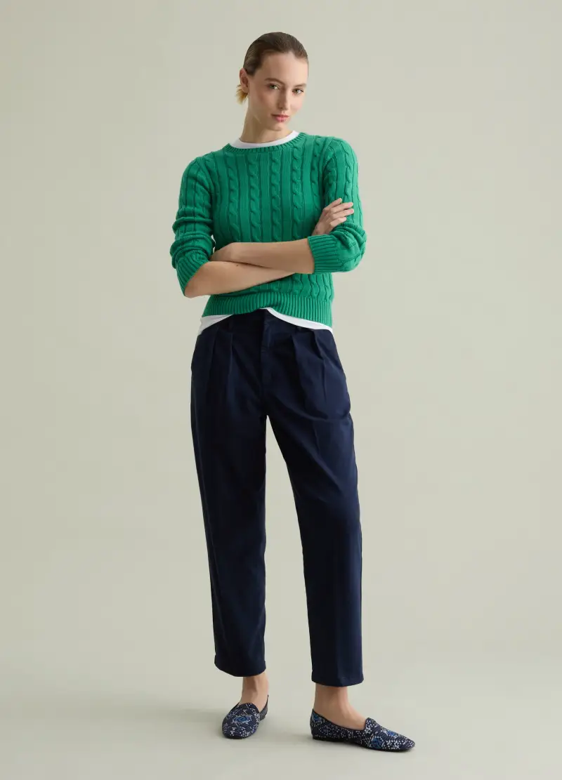 Pullover A Coste Con Lavorazione A Trecce, Donna, Verde