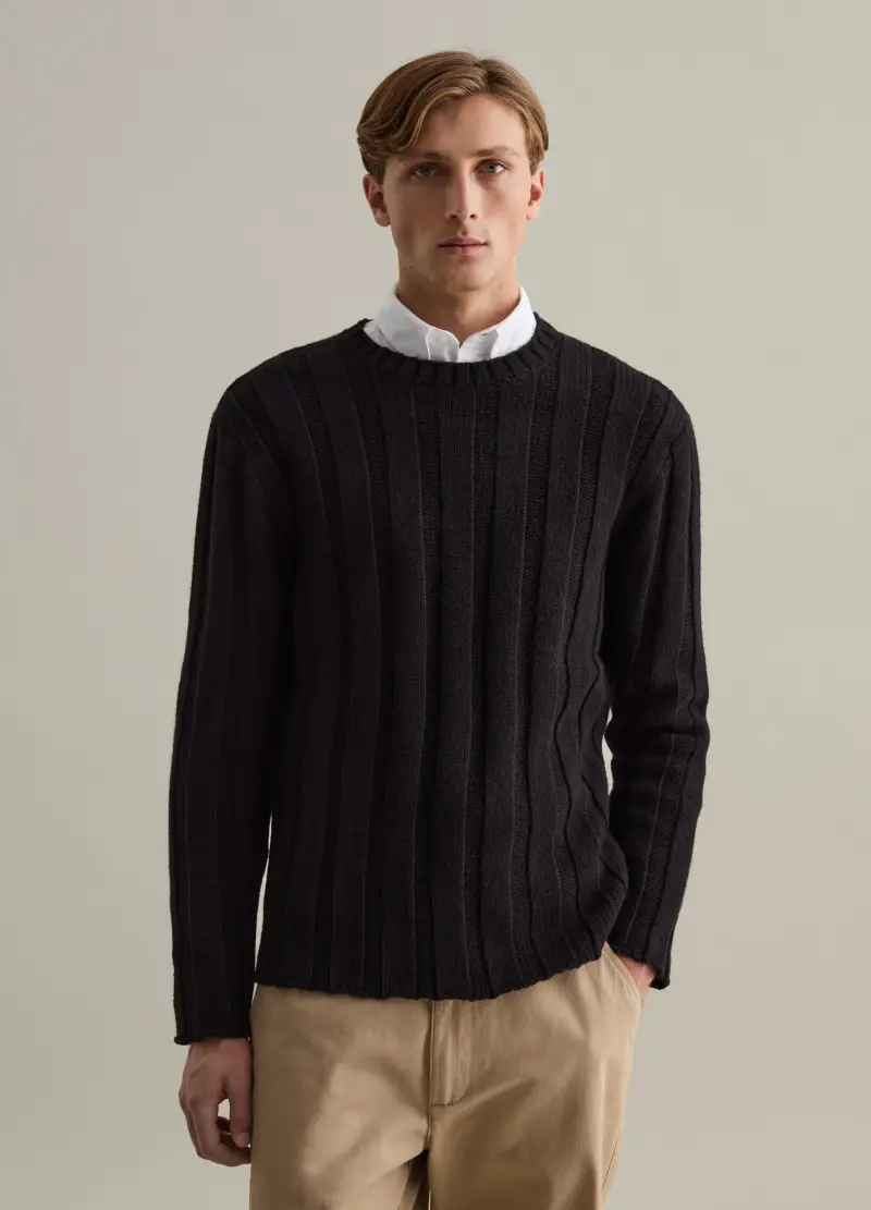 , Pullover A Coste Con Scollo Rotondo, Uomo, Nero miniatura 2