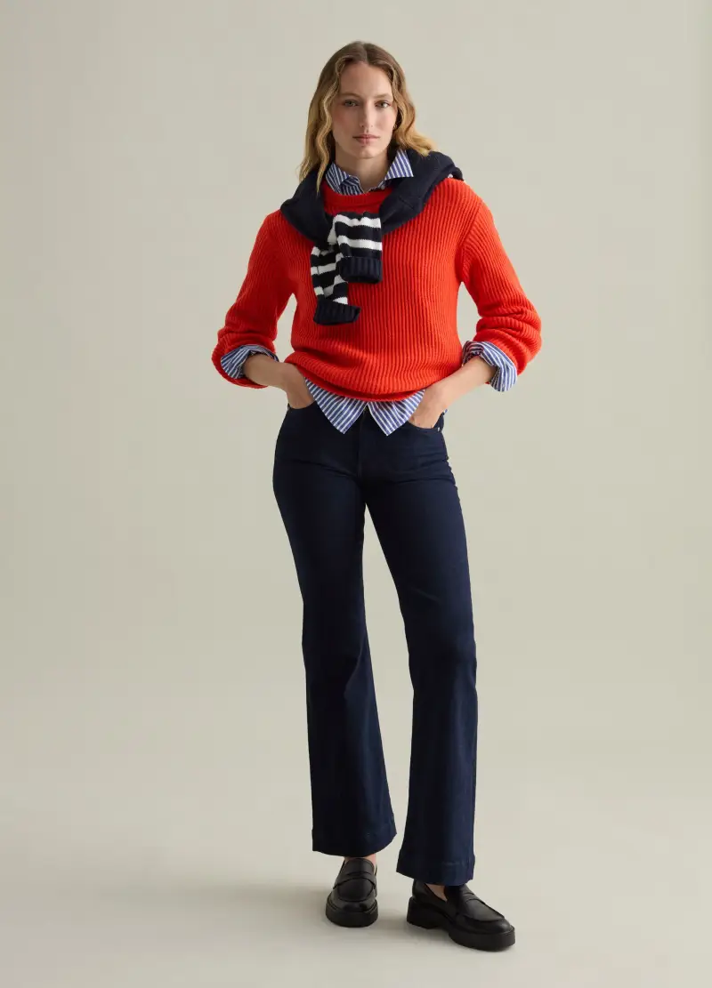 Pullover A Coste Inglesi Con Scollo Rotondo, Donna, Rosso