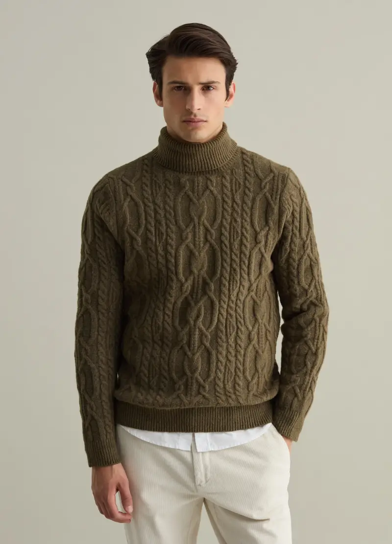 , Pullover A Trecce Con Collo Alto, Uomo, Verde miniatura 2