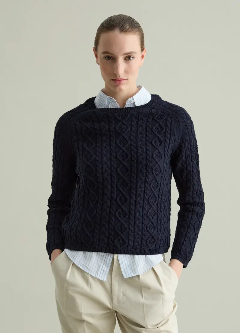 Pullover A Trecce Con Motivo A Rombi, Donna, Blu miniatura 2