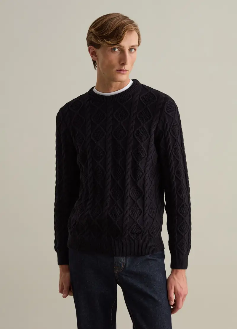Pullover A Trecce Con Motivo A Rombi, Uomo, Nero miniatura 2