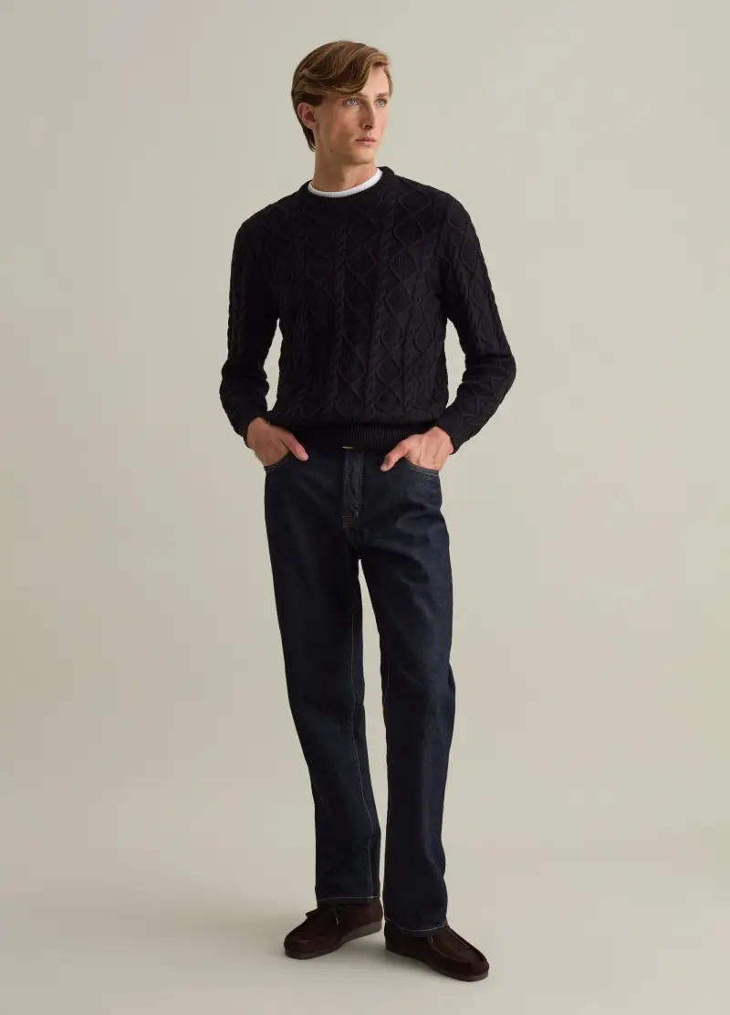 Pullover A Trecce Con Motivo A Rombi, Uomo, Nero