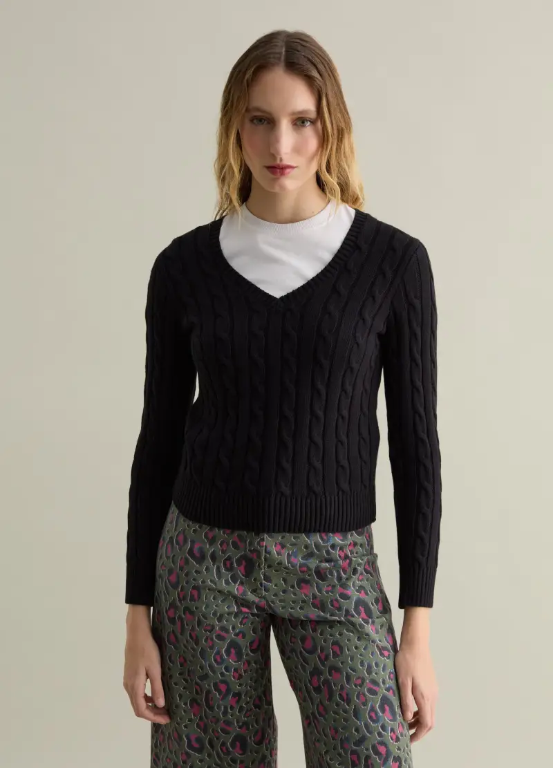 Pullover A Trecce Con Scollo A V, Donna, Nero