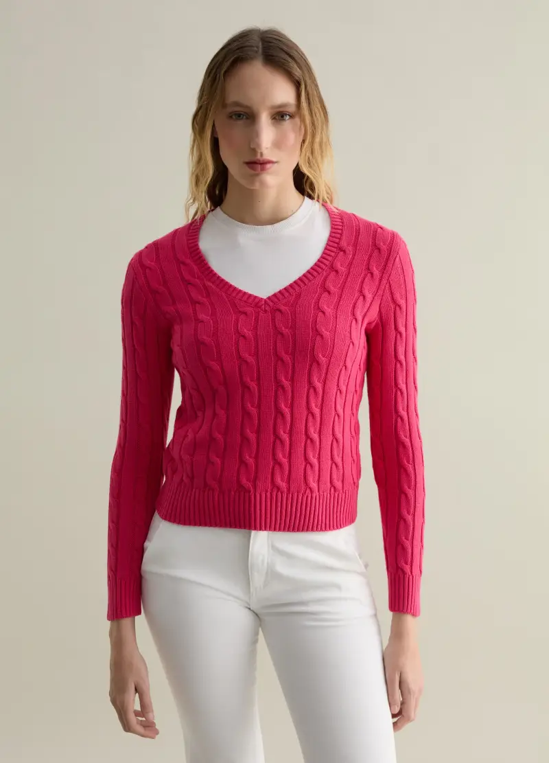 , Pullover A Trecce Con Scollo A V, Donna, Rosa miniatura 2