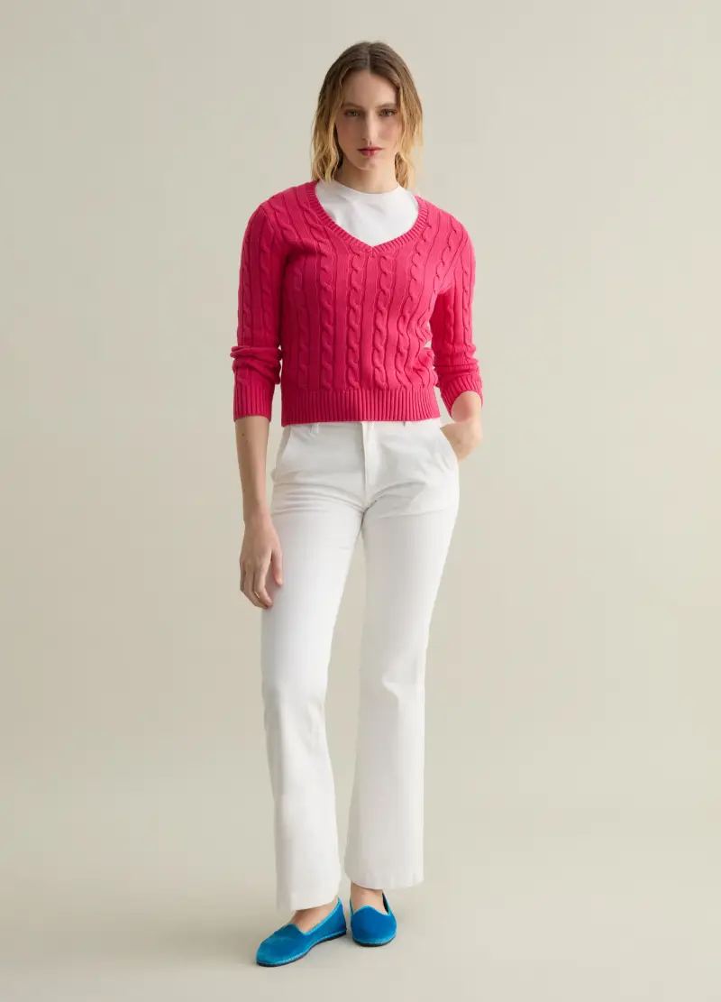 Pullover A Trecce Con Scollo A V, Donna, Rosa