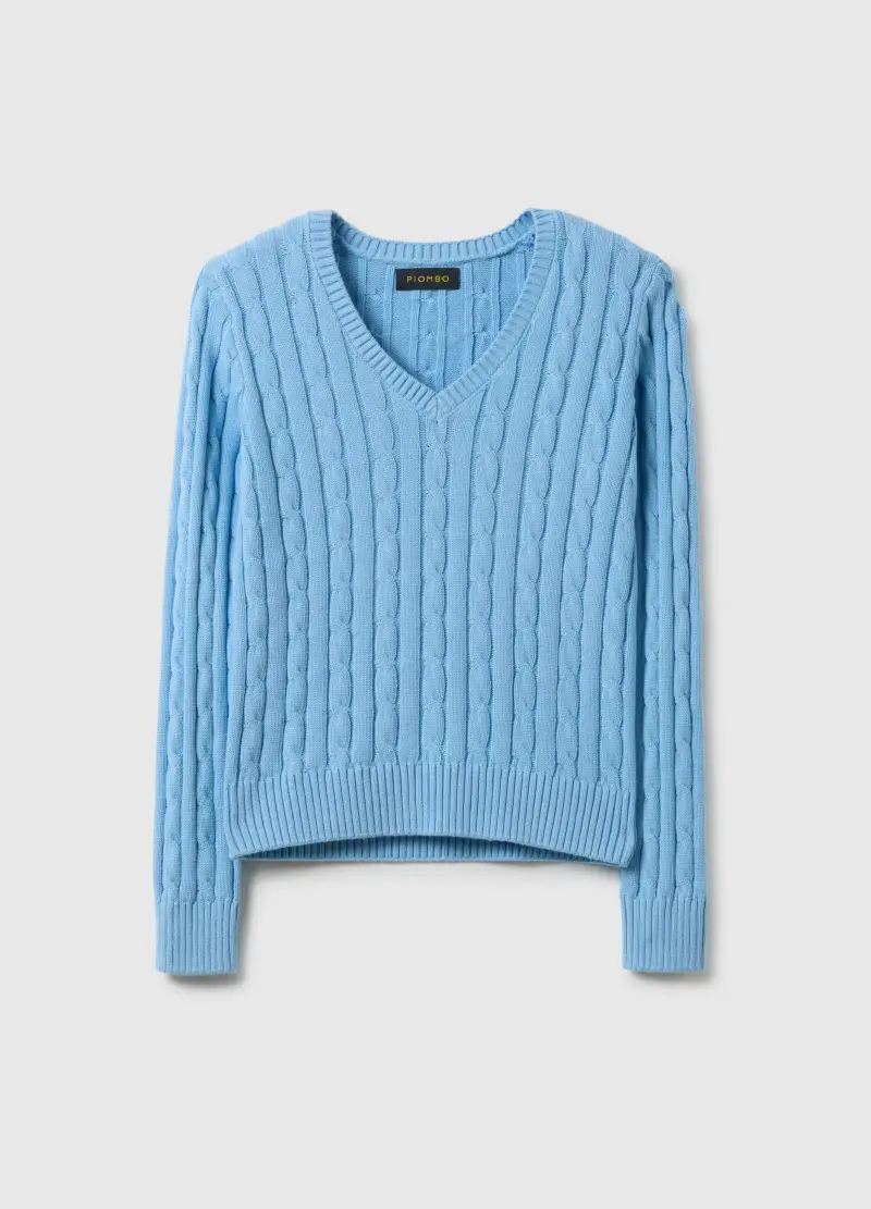 Pullover Azzurro In Puro Cotone Regular Fit Con Lavorazione A Treccia, Donna, Azzurro