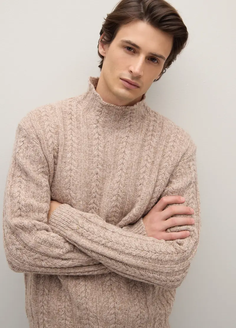 Pullover Beige Intrecciato Con Collo Alto In Misto Lana Regular Fit, Uomo, Beige miniatura 2
