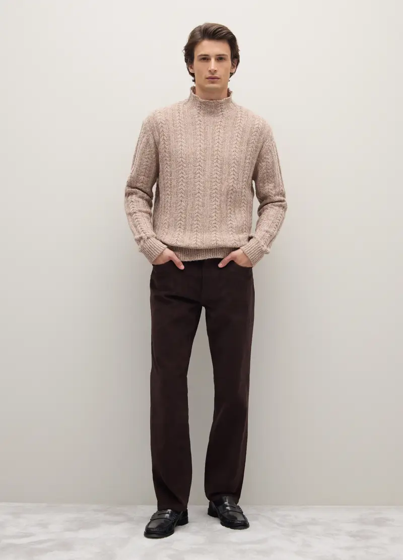 Pullover Beige Intrecciato Con Collo Alto In Misto Lana Regular Fit, Uomo, Beige miniatura 3
