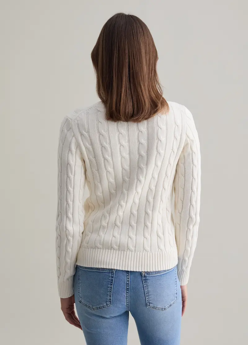 Pullover Bianco Con Lavorazione A Trecce In Puro Cotone, Donna, Bianco miniatura 3