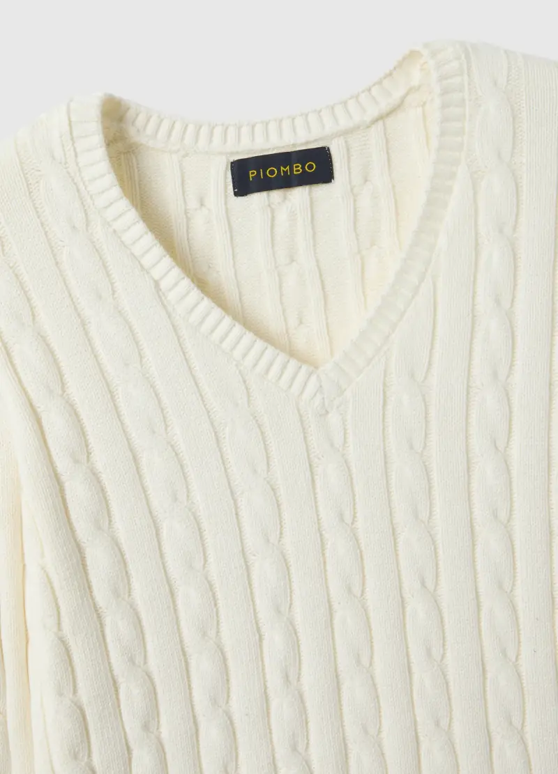 Pullover Bianco In Puro Cotone Regular Fit Con Lavorazione A Treccia, Donna, Bianco miniatura 2