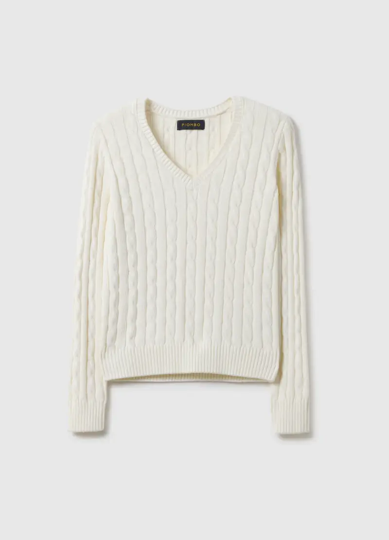 Pullover Bianco In Puro Cotone Regular Fit Con Lavorazione A Treccia, Donna, Bianco