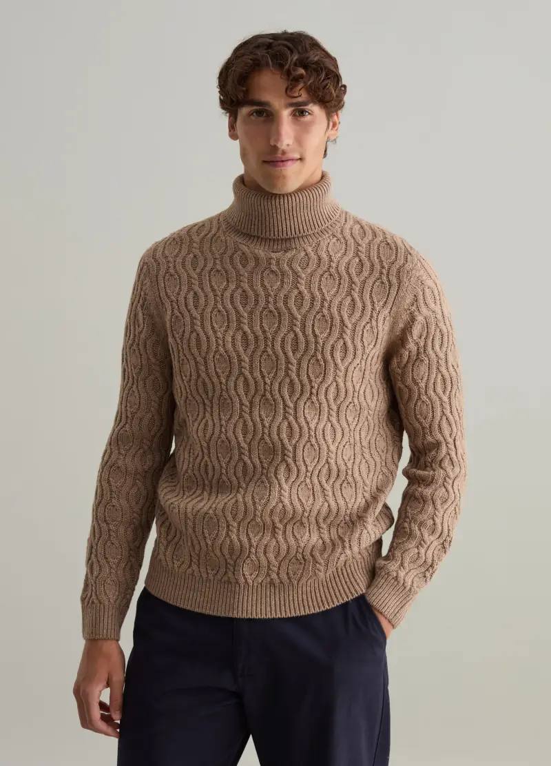 Pullover Collo Alto Lavorazione Ondulata, Uomo, Beige miniatura 2