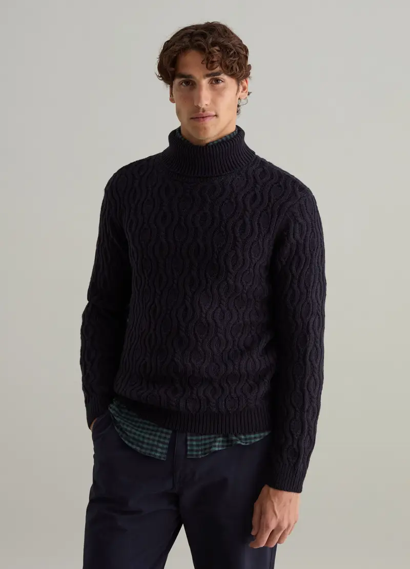 Pullover Collo Alto Lavorazione Ondulata, Uomo, Blu miniatura 2