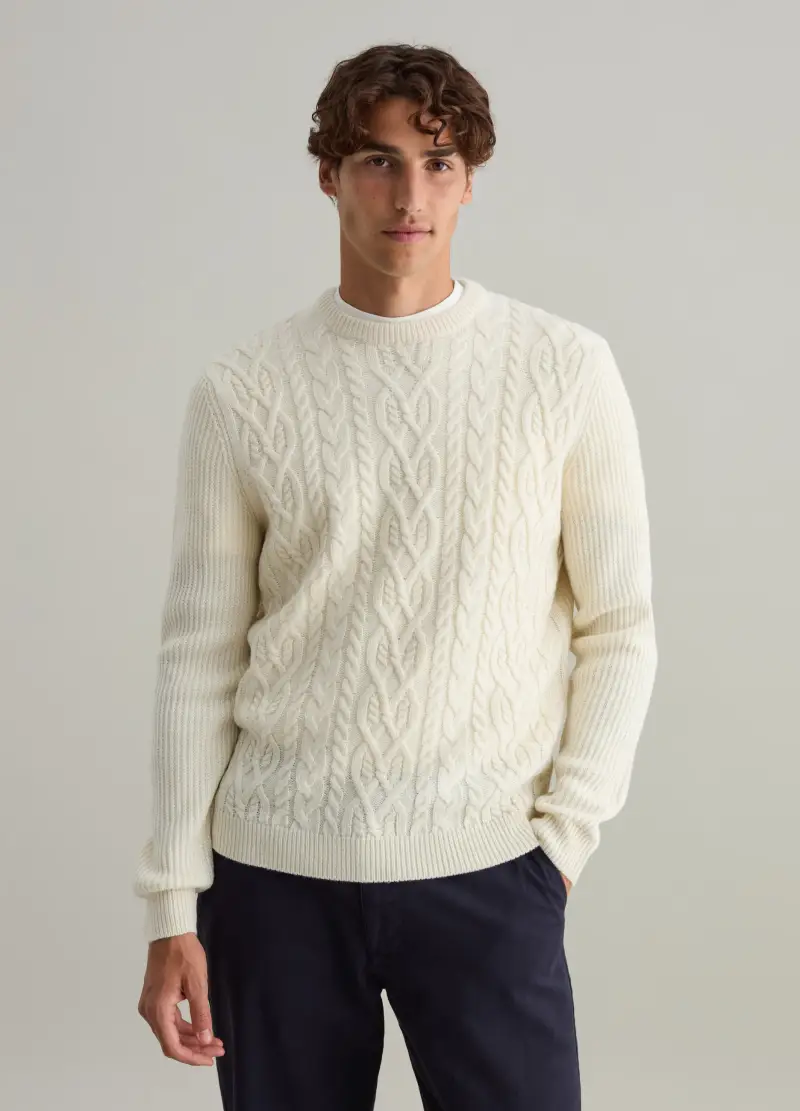Pullover Con Lavorazione A Trecce, Uomo, Bianco