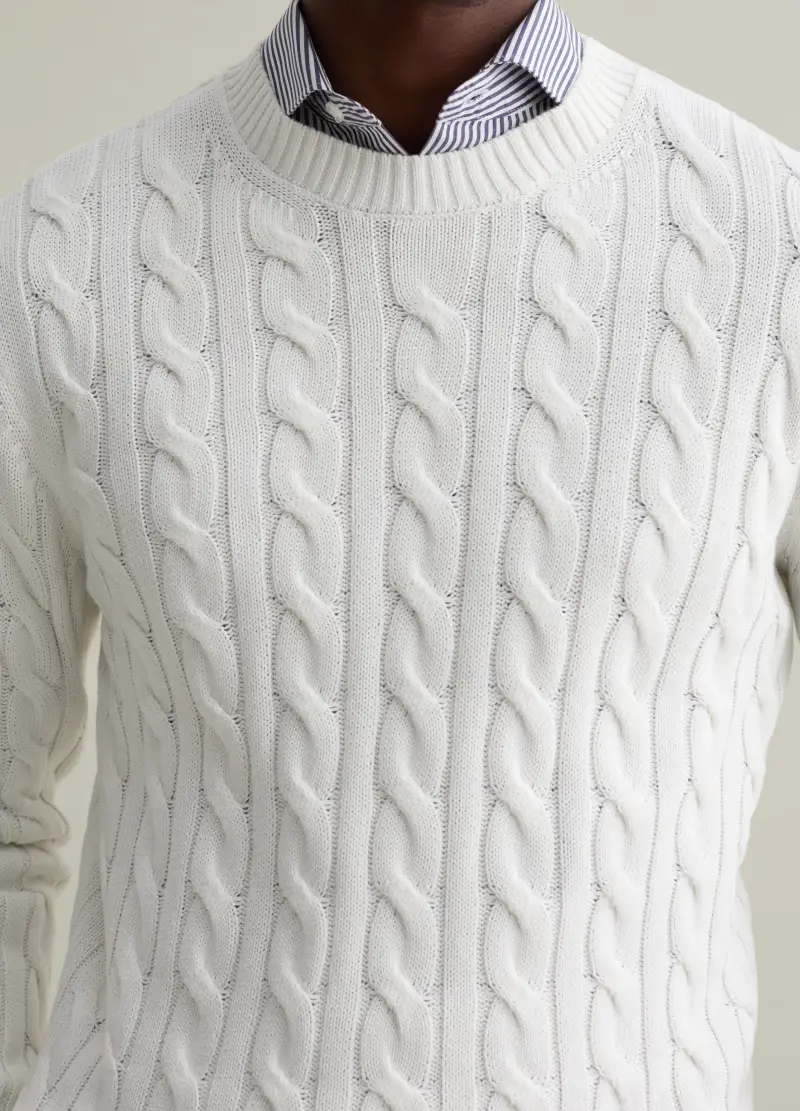 Pullover Con Lavorazione A Treccia, Uomo, Bianco miniatura 3