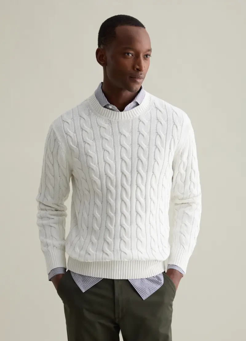 Pullover Con Lavorazione A Treccia, Uomo, Bianco