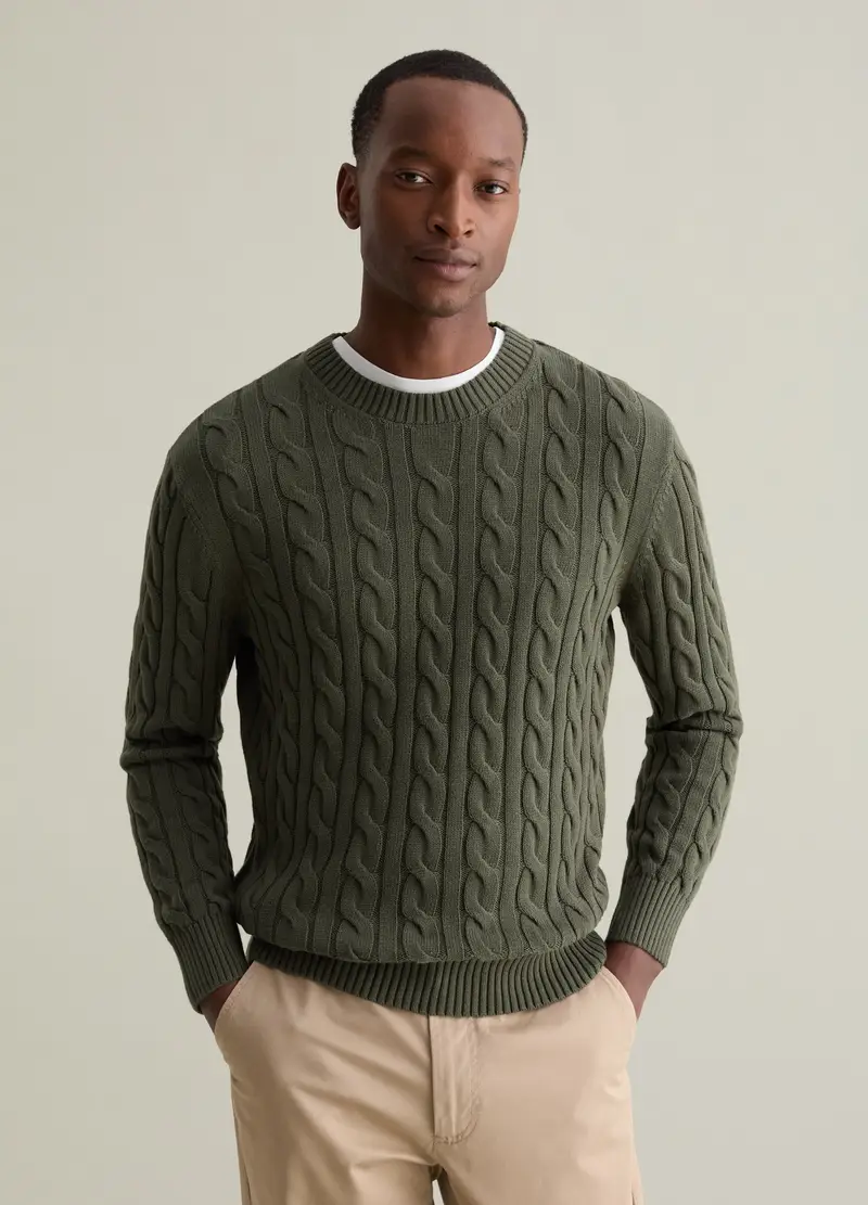 Piombo Pullover Uomo Verde con Lavorazione a Treccia miniatura 2