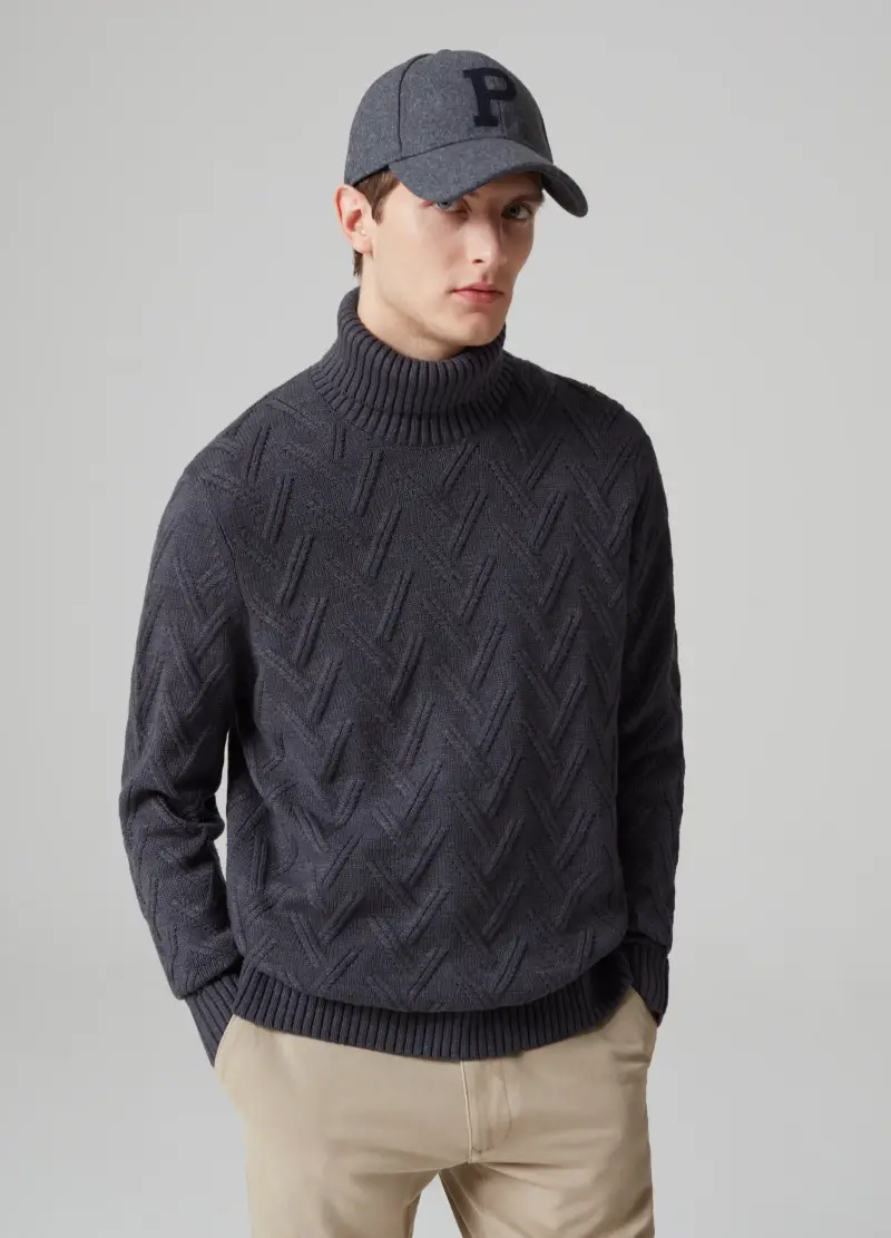 Pullover Con Lavorazione Spigata A Collo Alto, Uomo, Grigio