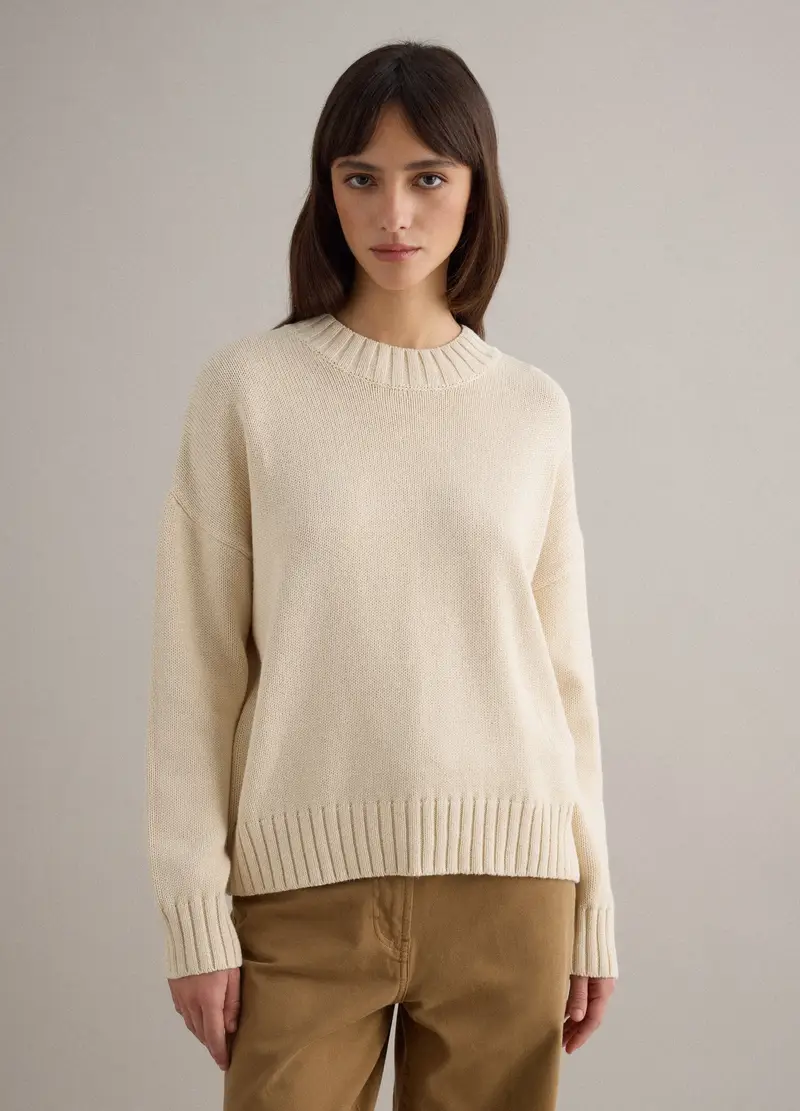 Pullover Girocollo Beige In Puro Cotone Regular Fit, Donna, Beige