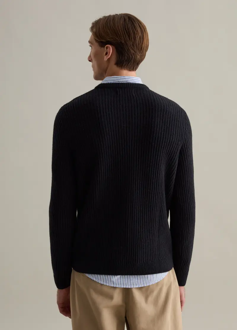 Pullover Girocollo Blu Scuro A Coste In Misto Lana, Uomo, Nero miniatura 3