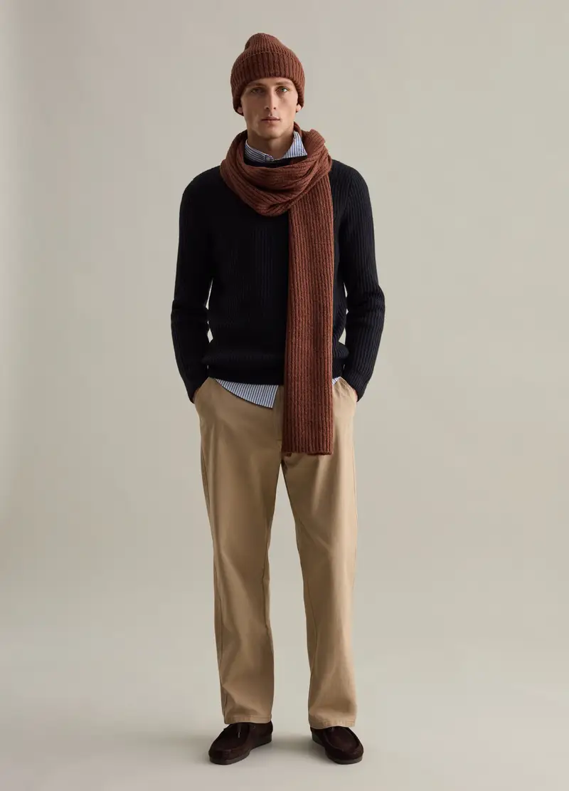 Pullover Girocollo Blu Scuro A Coste In Misto Lana, Uomo, Nero