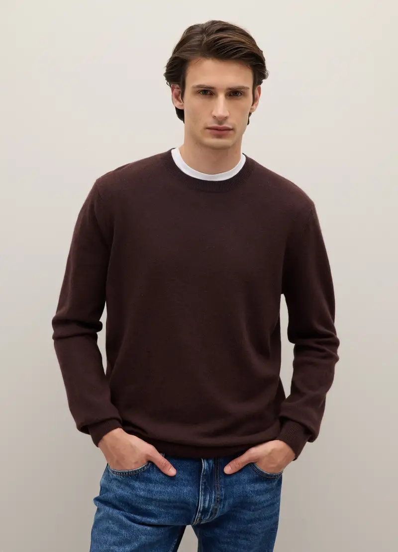 Pullover Girocollo Marrone In Puro Cashmere Regular Fit, Unisex, Marrone miniatura 2