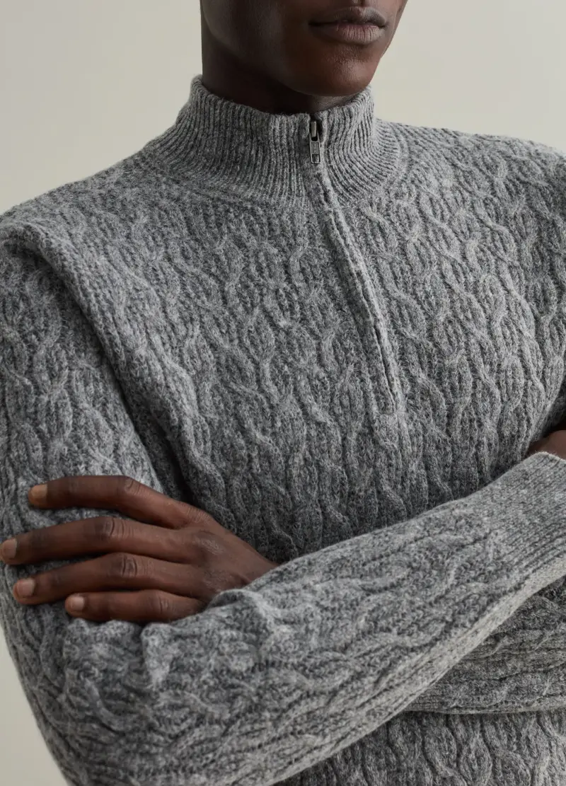 , Pullover Half-zip A Trecce, Uomo, Grigio miniatura 3