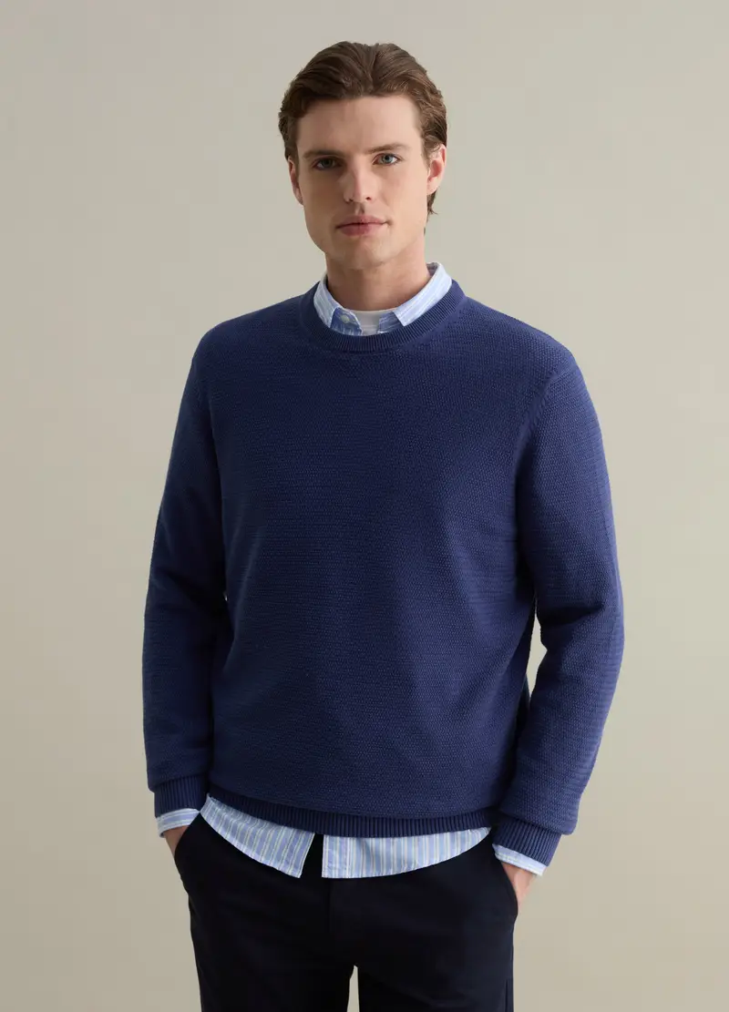 Piombo Pullover Uomo in Cotone con Trama Ondulata Blu