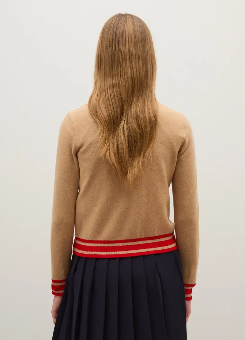 Pullover In Pura Lana Beige A Righe Con Scollo A V, Donna, Multicolor miniatura 3