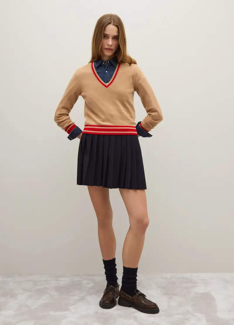 Pullover In Pura Lana Beige A Righe Con Scollo A V, Donna, Multicolor