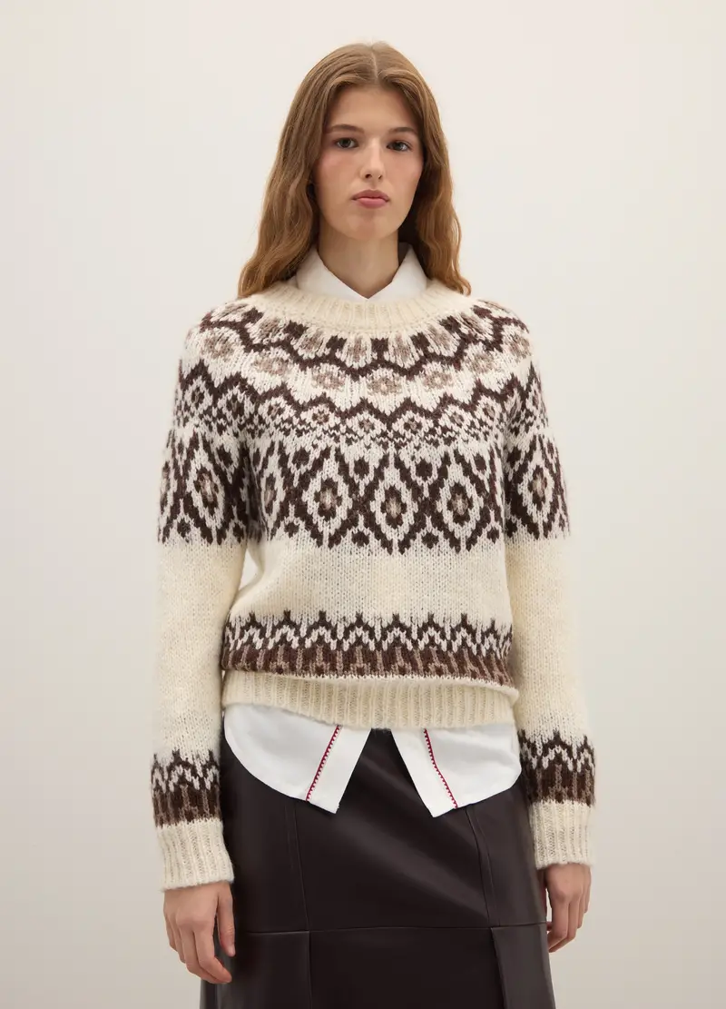 Pullover Jacquard Beige In Misto Lana, Donna, Multicolor miniatura 3