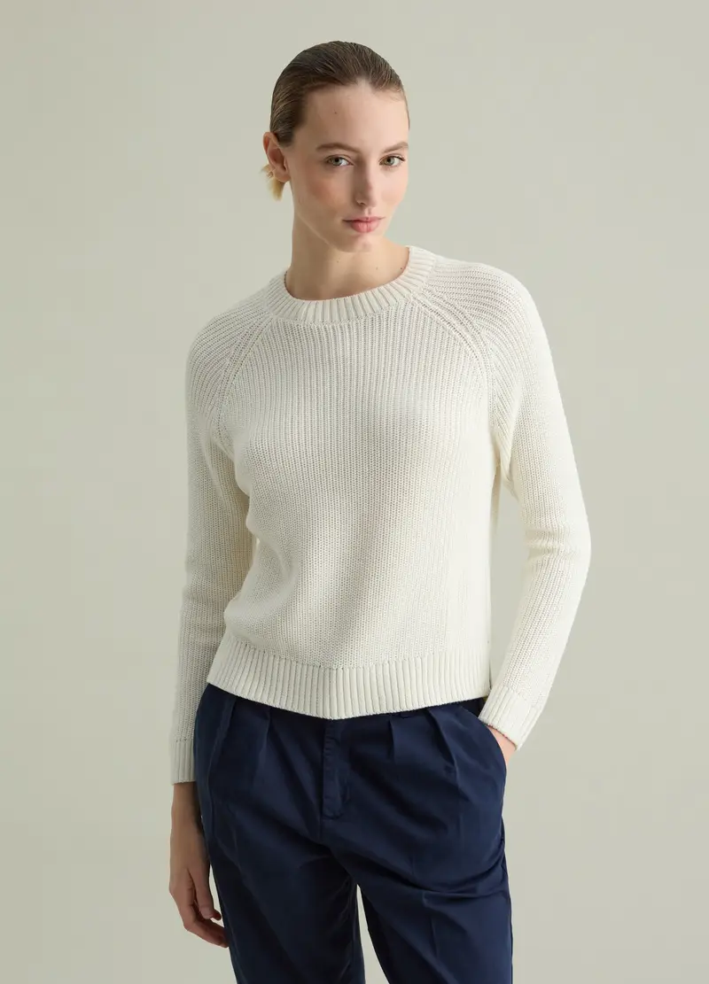Pullover Tricot Con Maniche Raglan, Donna, Bianco