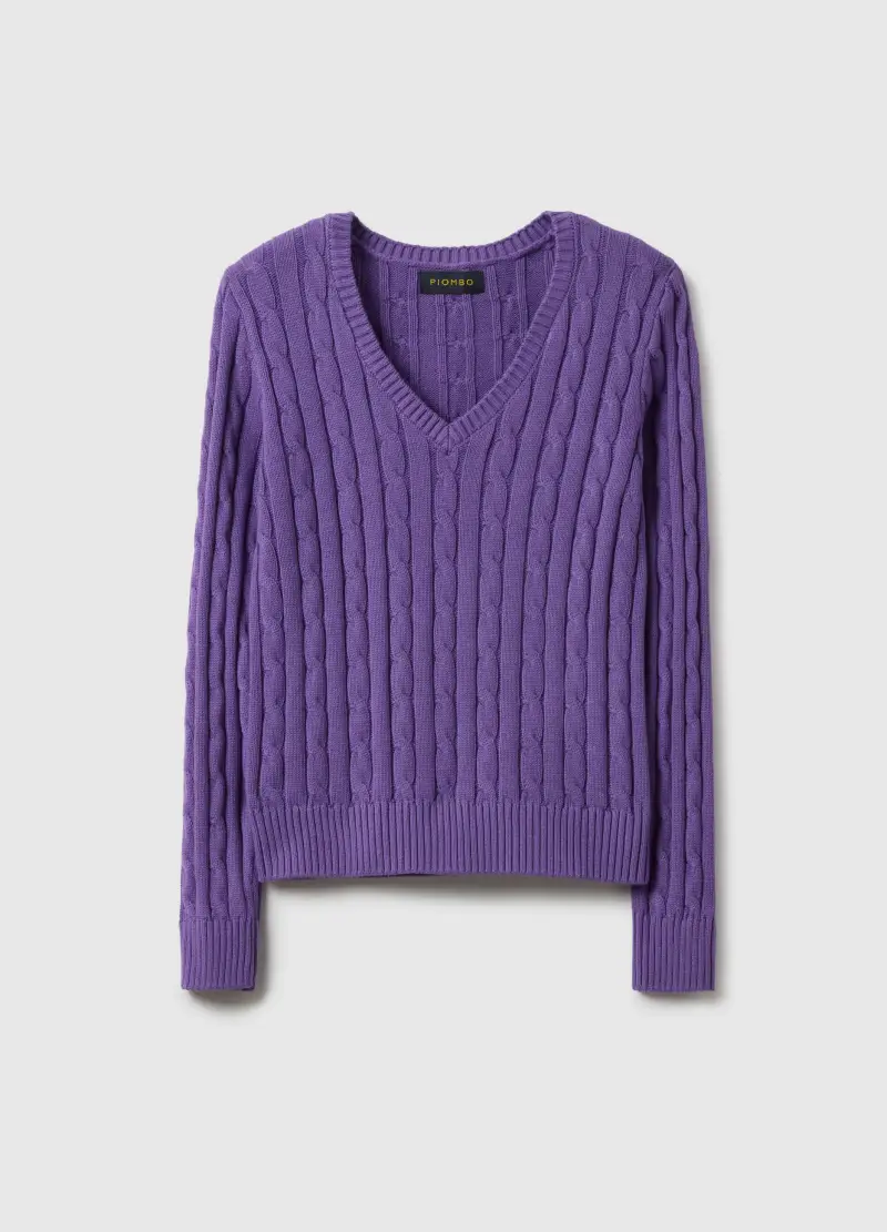 Pullover Viola In Puro Cotone Regular Fit Con Lavorazione A Treccia, Donna, Viola