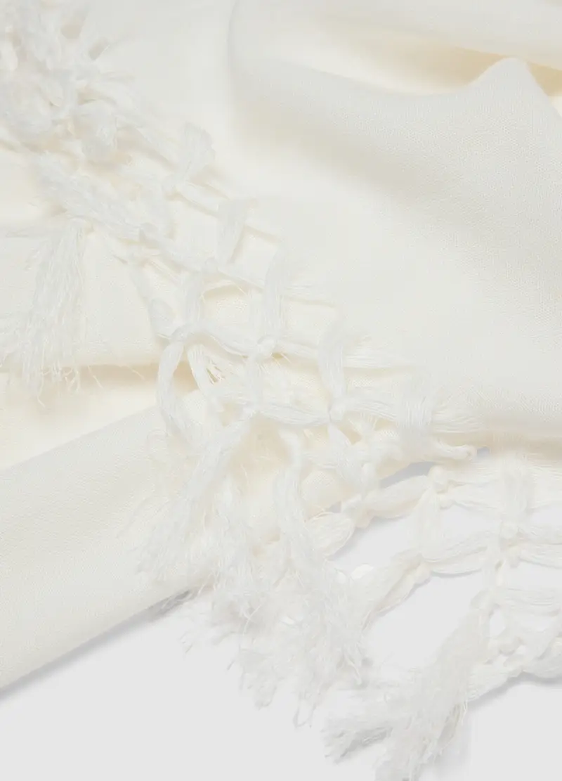 Sciarpa In Misto Viscosa E Lino Bianca Con Frange, Donna, Bianco miniatura 3