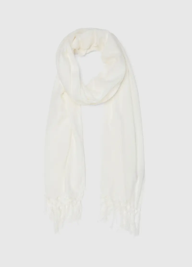 Sciarpa In Misto Viscosa E Lino Bianca Con Frange, Donna, Bianco