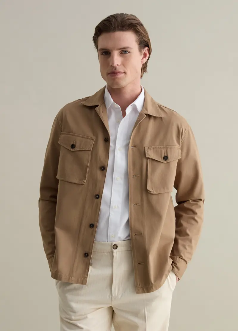 Shacket In Twill Tinta Unita, Uomo, Beige miniatura 2