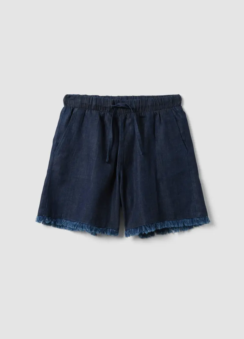 Shorts Denim Blu In Misto Cotone Regular Fit Con Bordo Sfrangiato, Donna, Blu