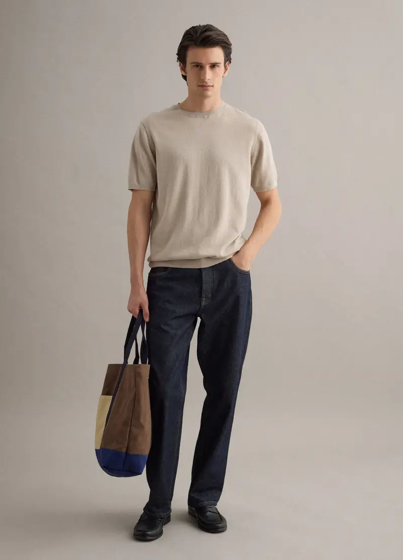 T-shirt A Maniche Corte In Misto Cotone, Lino E Seta Beige Regular Fit, Uomo, Beige miniatura 2